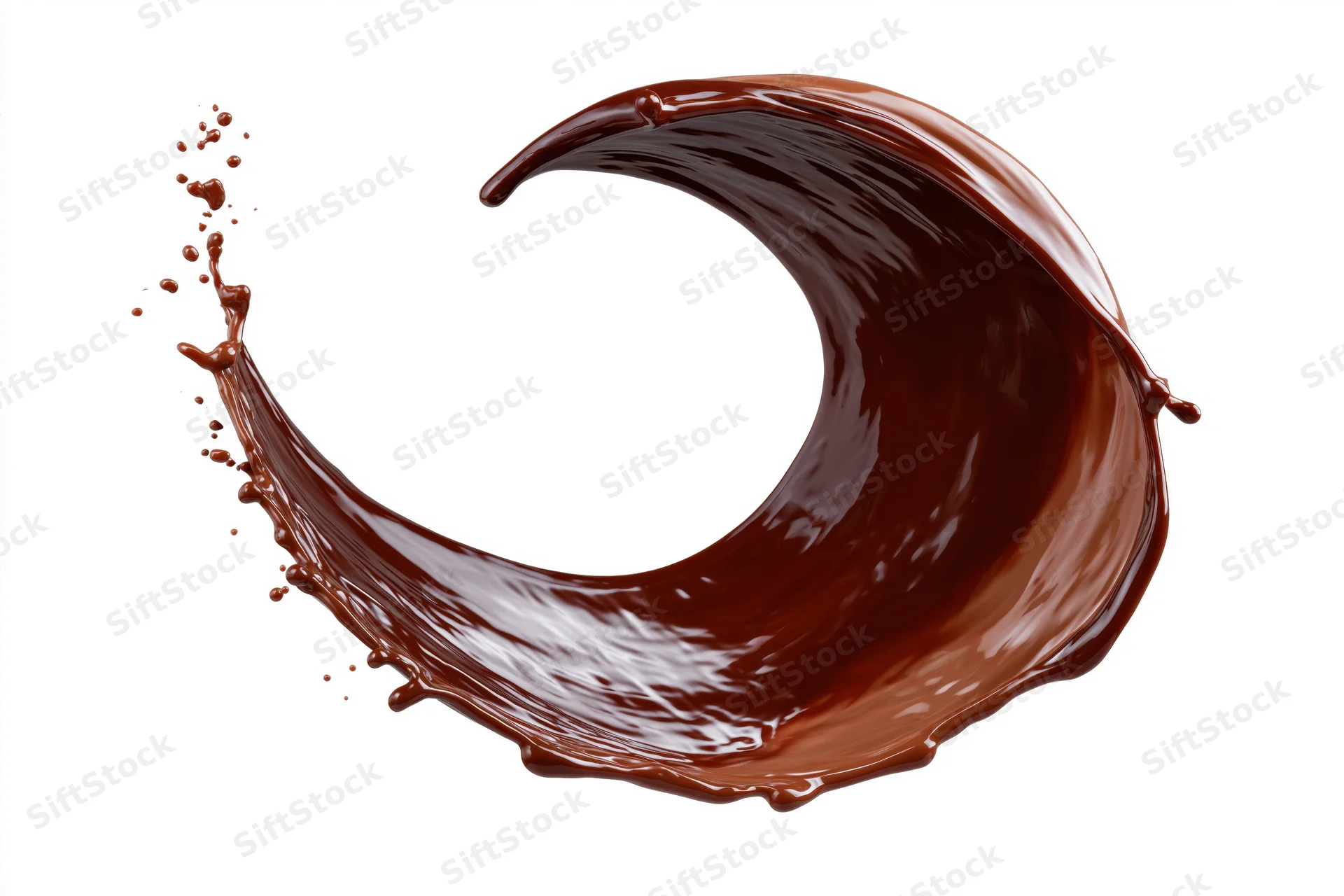 Liquid chocolate splashing in a curved arc shape against white background