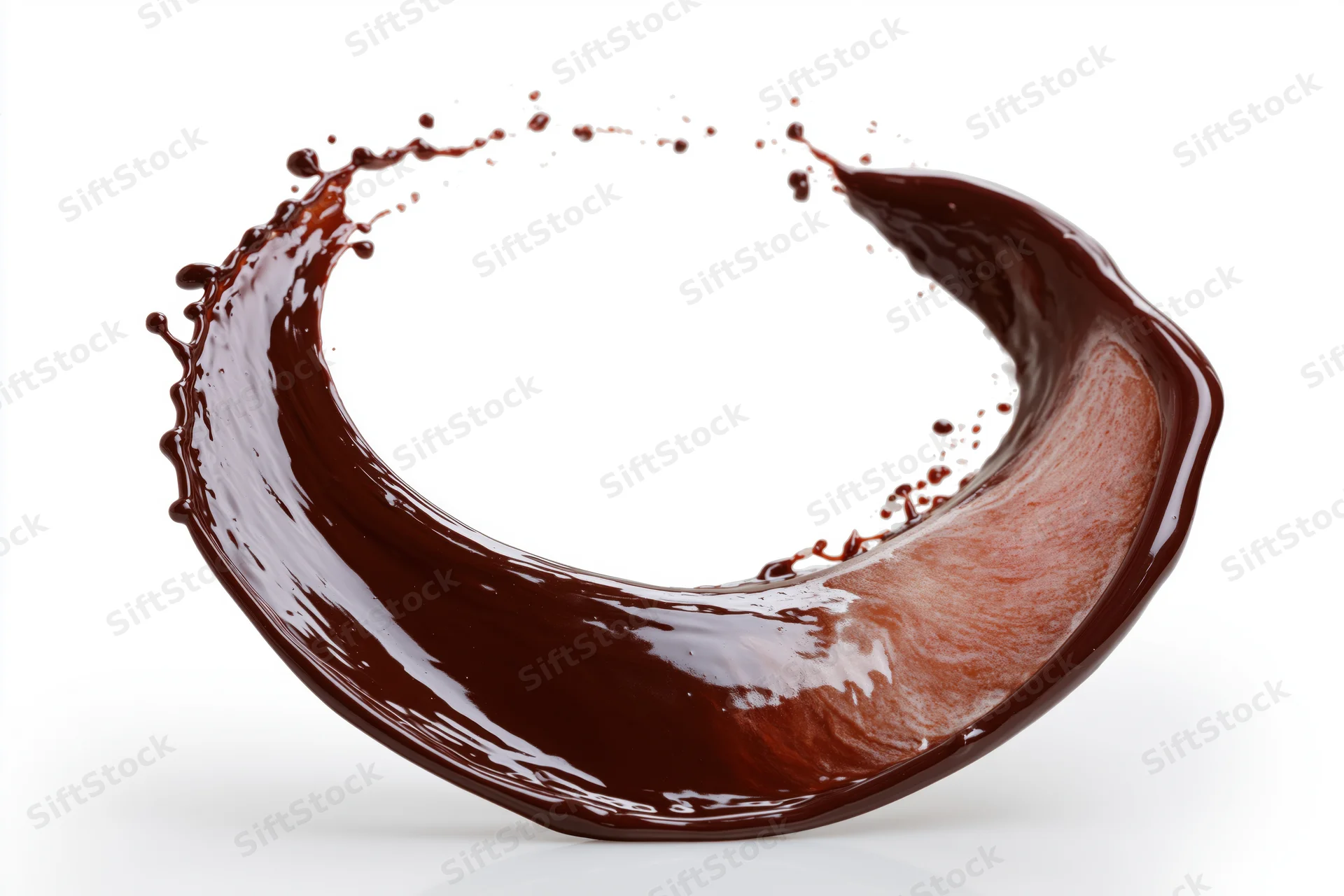 Liquid chocolate splashing in a curved arc shape against a white background