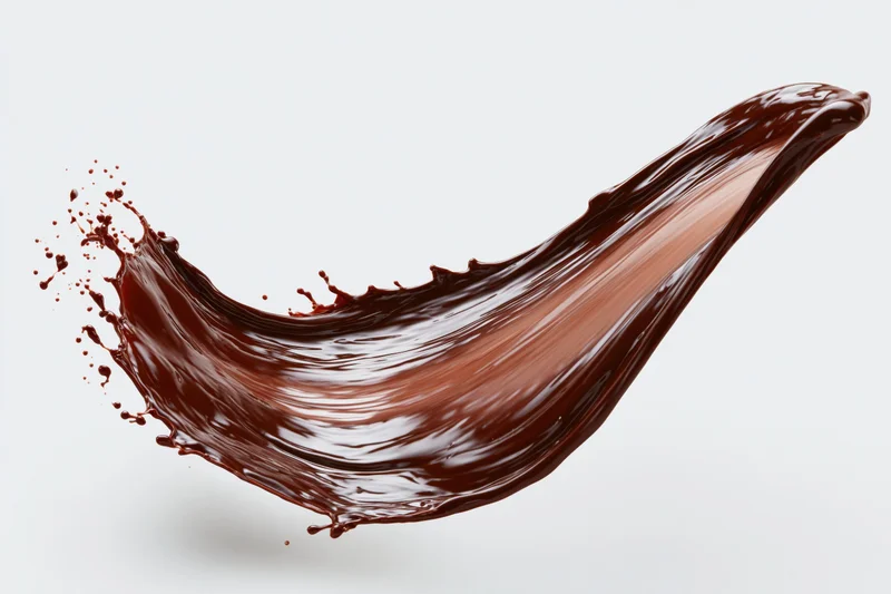 Liquid chocolate splashing in a curved arc against a white background