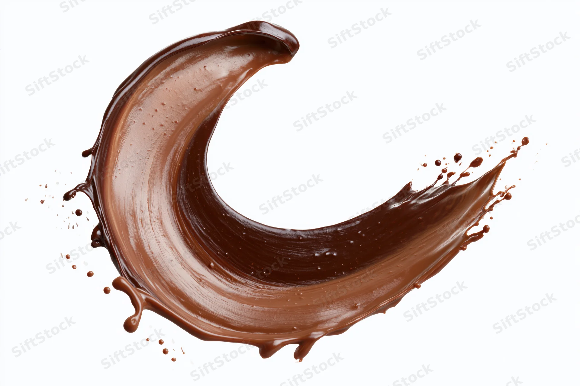 Liquid chocolate splashing in a curved arc shape against a white background