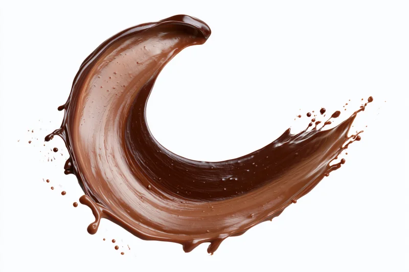 Liquid chocolate splashing in a curved arc shape against a white background