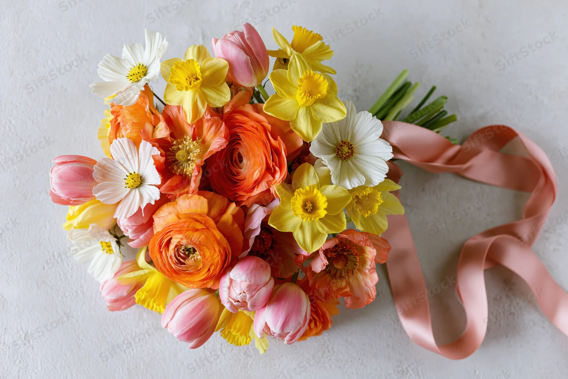 Colorful spring bouquet of ranunculus, tulips, daffodils and cosmos tied with pink ribbon on light surface
