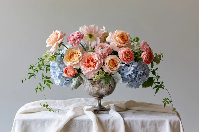 Floral arrangement with roses and hydrangeas in an antique silver urn on a linen-covered table