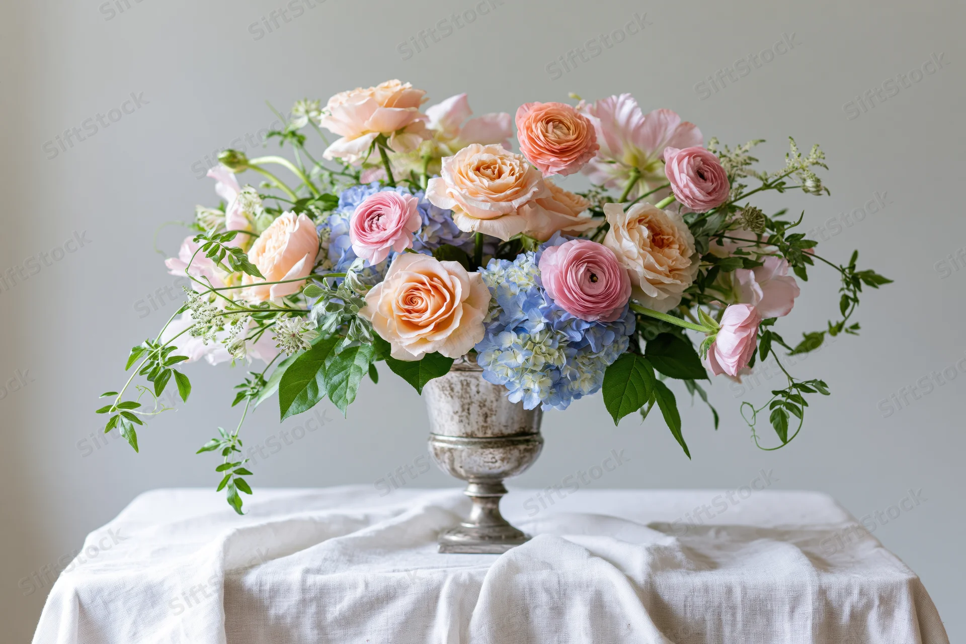 Loose garden flower arrangement in an antique silver urn vase on a white cloth-covered table