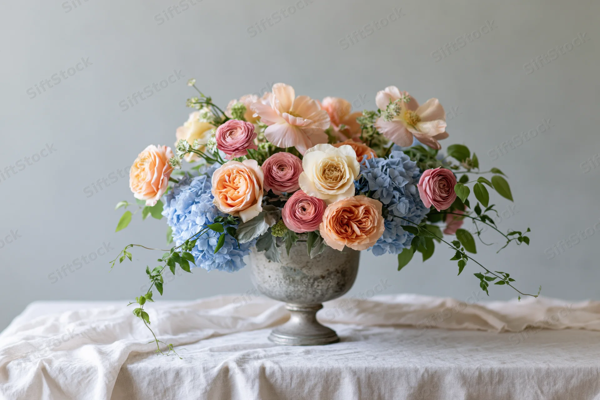 Floral arrangement with roses and hydrangeas in an antique silver urn on a linen-covered table