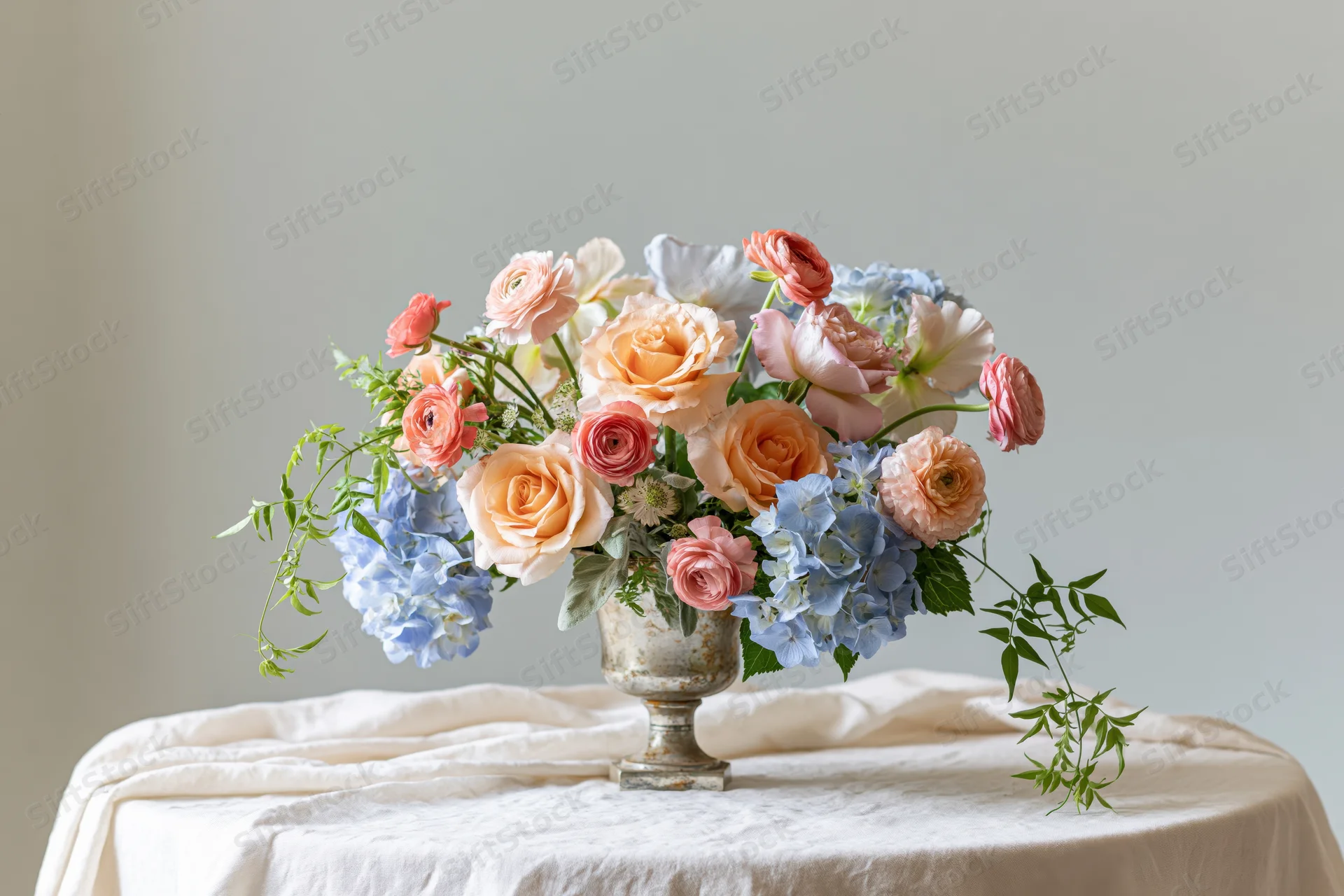 Loose garden flower arrangement in an antique silver urn vase on a draped table