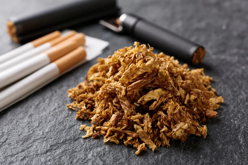Pile of loose rolling tobacco on dark slate surface with cigarettes and cutting tool nearby