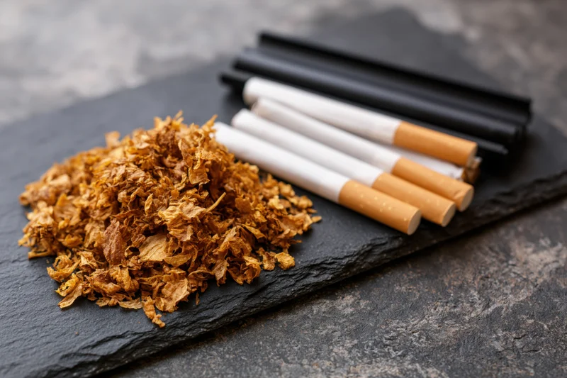 Loose tobacco and cigarettes arranged on a dark slate surface