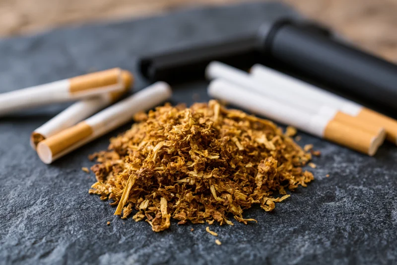 Pile of loose rolling tobacco on dark slate surface with cigarettes and rolling machine nearby