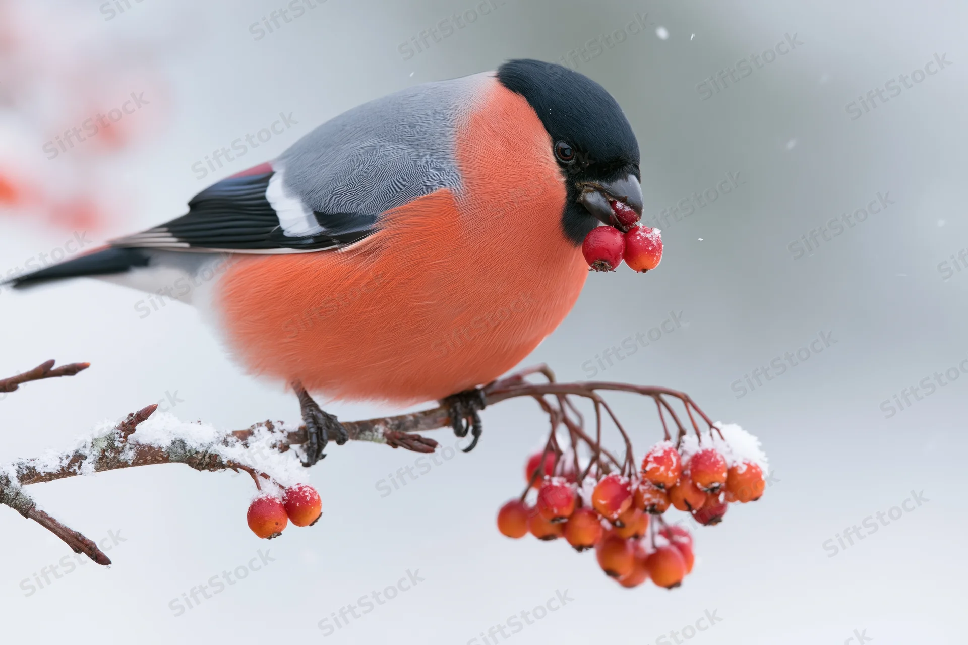 Male eurasian bullfinch perched on snow-dusted branch eating red berries in winter