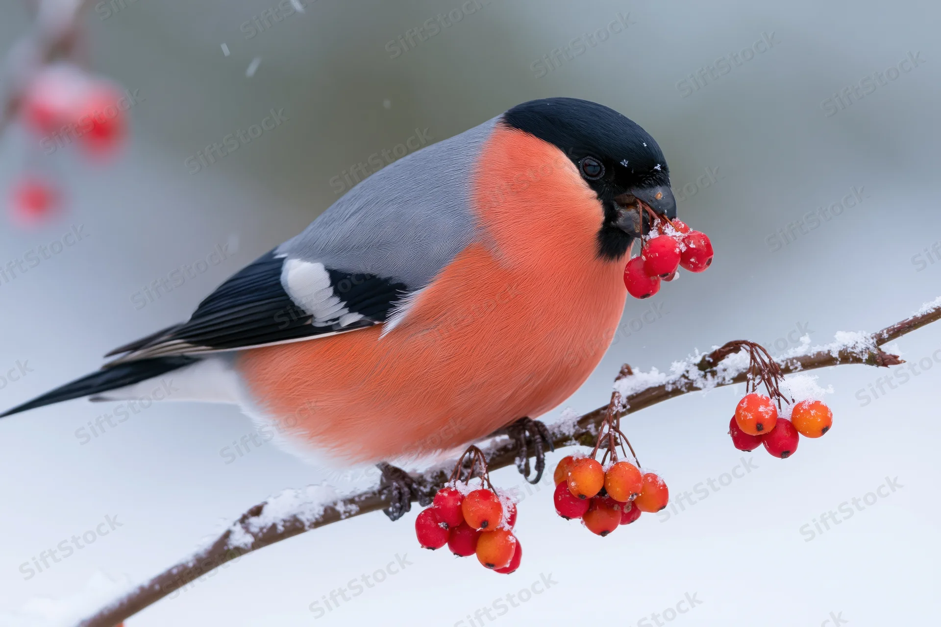 Male bullfinch perched on snow-dusted branch eating red berries in winter