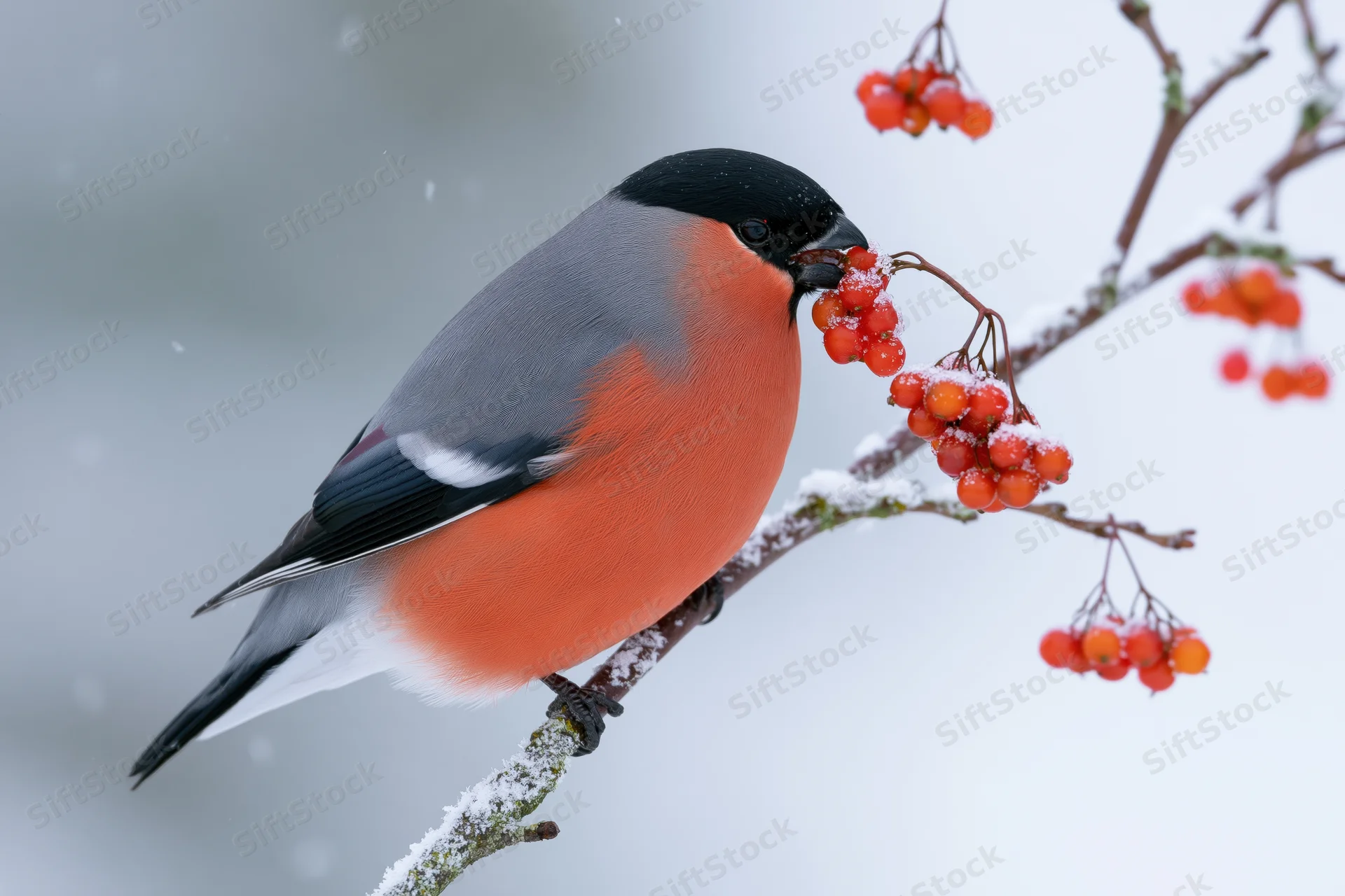 Male bullfinch perched on snow-dusted branch eating red berries in winter