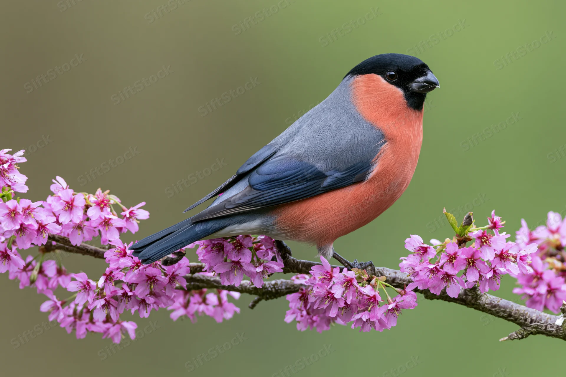 Male eurasian bullfinch perched on cherry blossom branch in spring garden