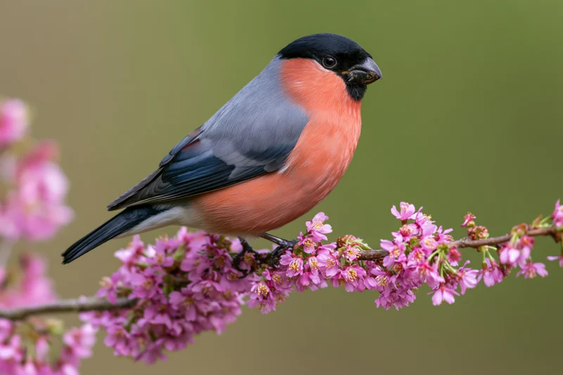 Male eurasian bullfinch perched on a cherry blossom branch in spring