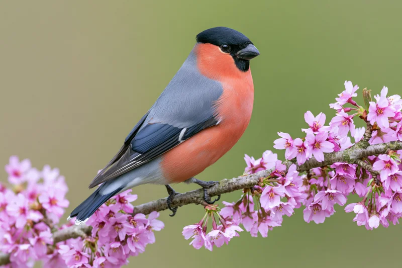 Male eurasian bullfinch perched on a cherry blossom branch in spring garden