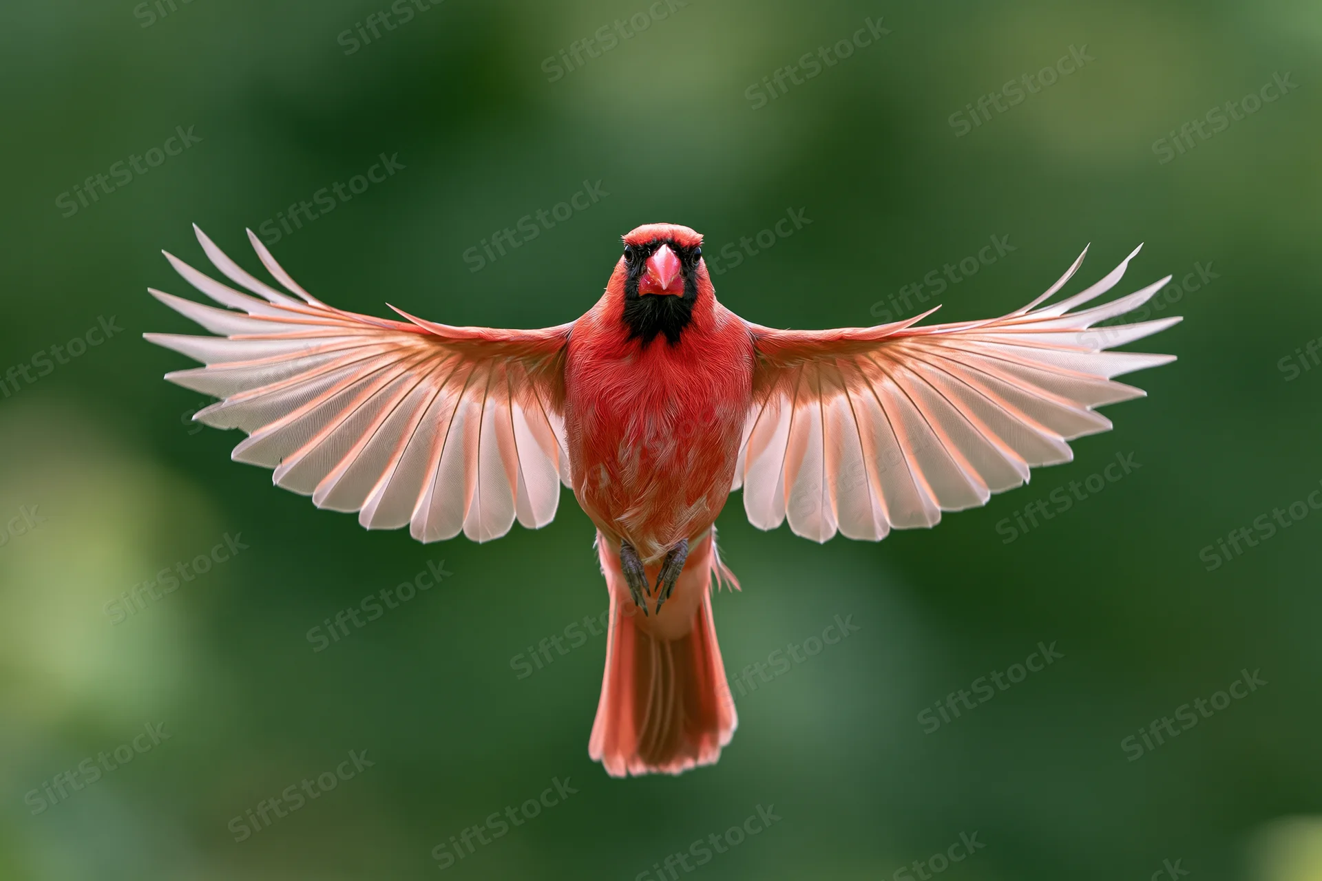 Male northern cardinal in mid-flight with wings fully spread against green foliage background