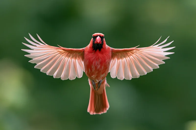 Male northern cardinal in mid-flight with wings fully spread against green foliage background