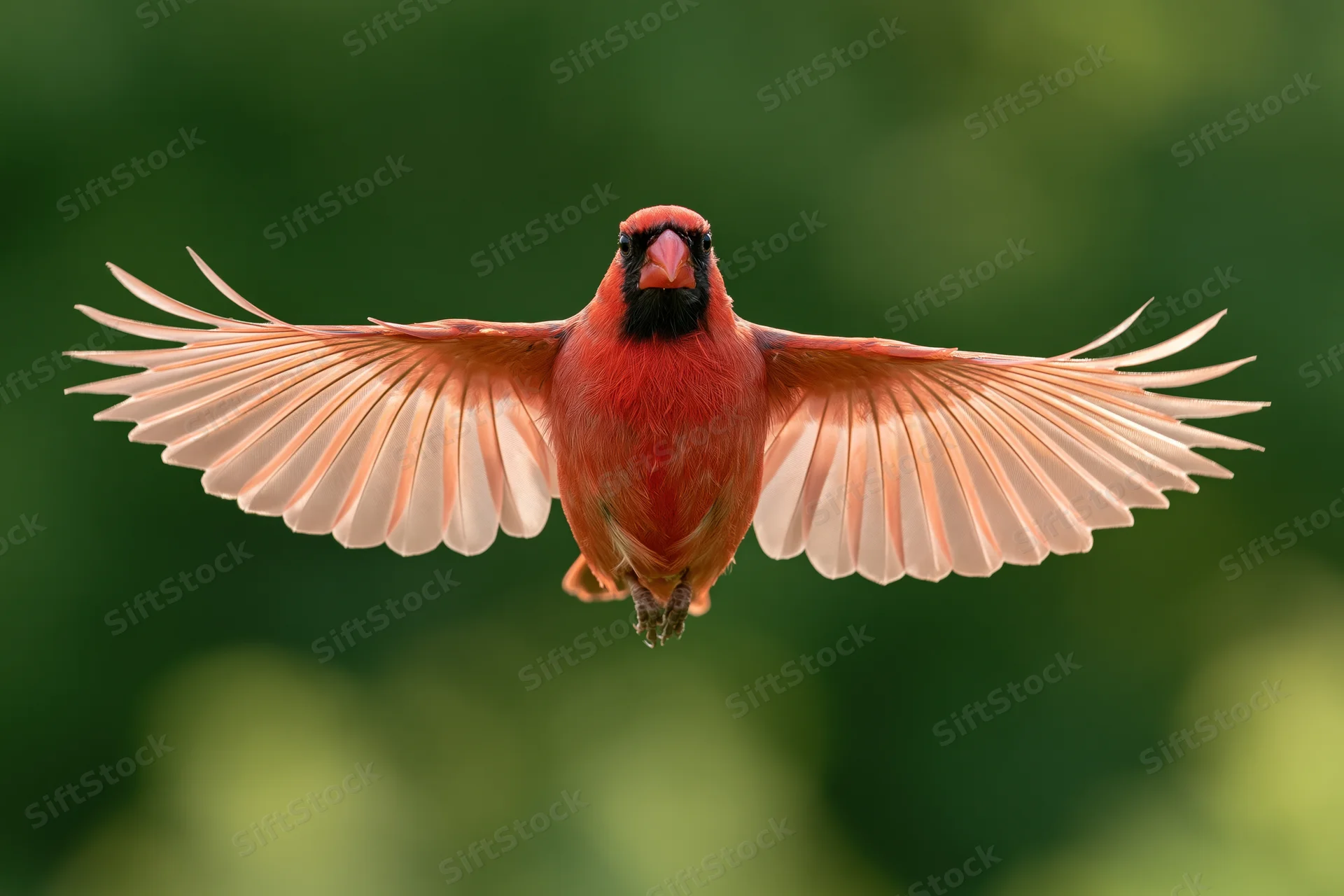 Male northern cardinal in mid-flight with wings fully spread against a blurred green background