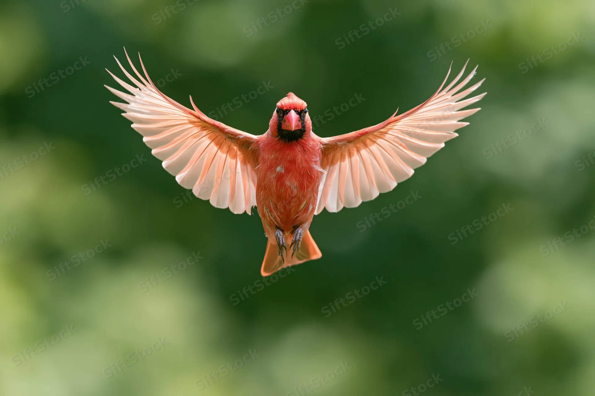 Male northern cardinal in mid-flight with wings fully spread against a blurred green background
