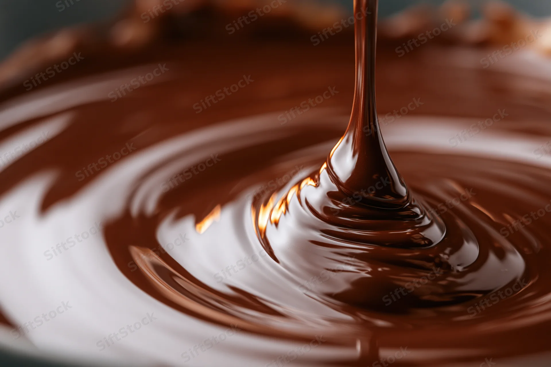 Melted dark chocolate pouring in a thin stream creating ripples on a glossy surface
