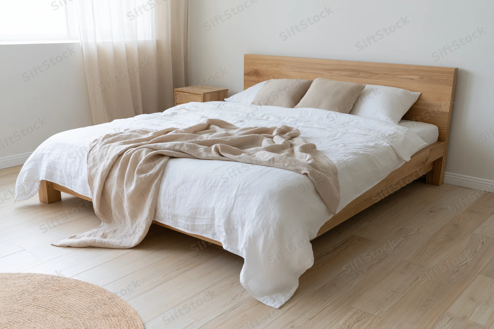 Minimalist scandinavian bedroom with wooden bed and white bedding, natural light through sheer curtains, hardwood flooring and woven rug