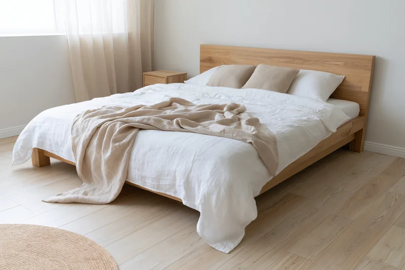 Minimalist scandinavian bedroom with wooden bed and white bedding, natural light through sheer curtains, hardwood flooring and woven rug