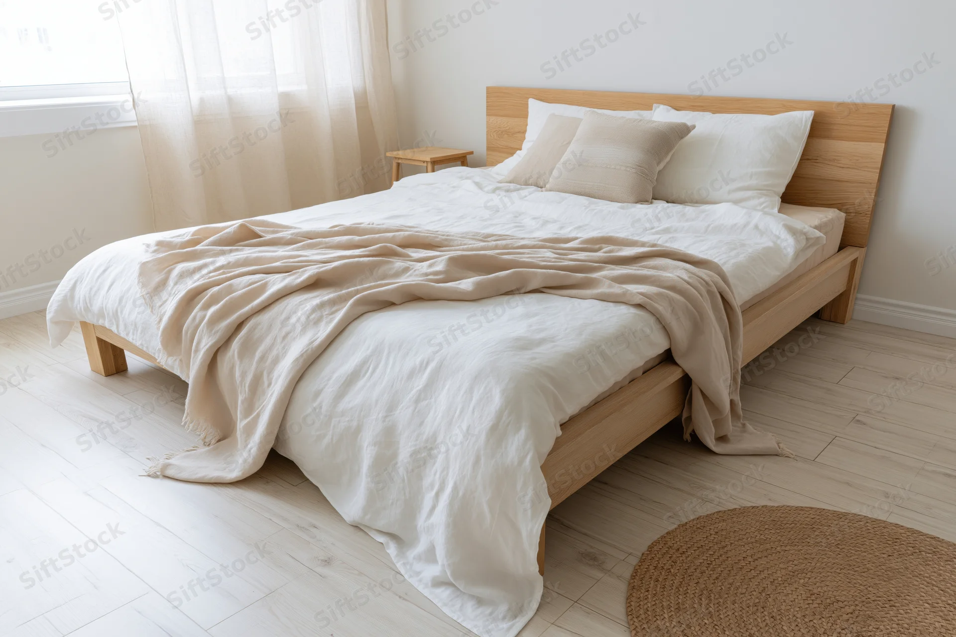 Queen bed with white and beige linens in a minimalist scandinavian bedroom