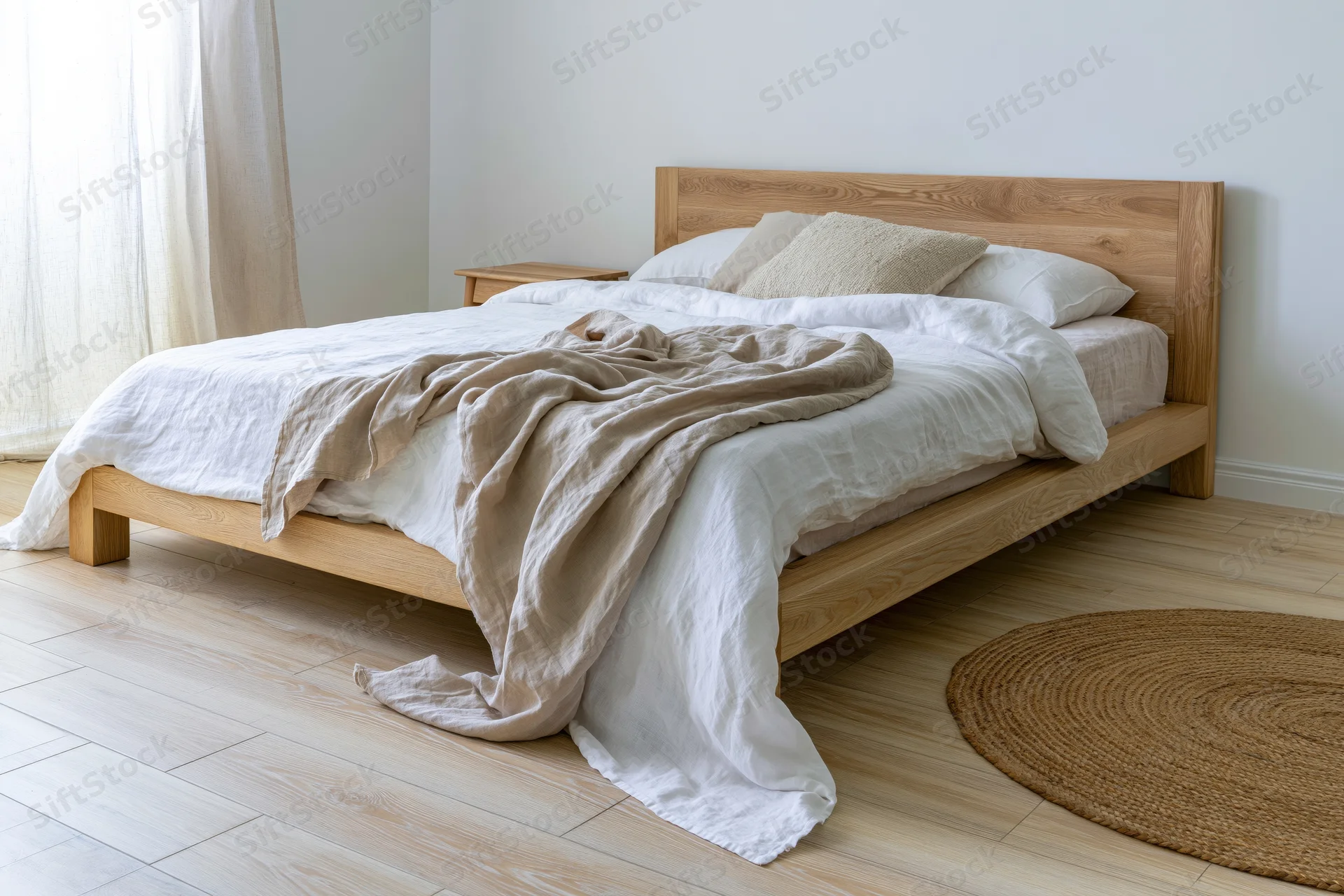 Queen bed with white linens and wooden frame in minimalist bedroom