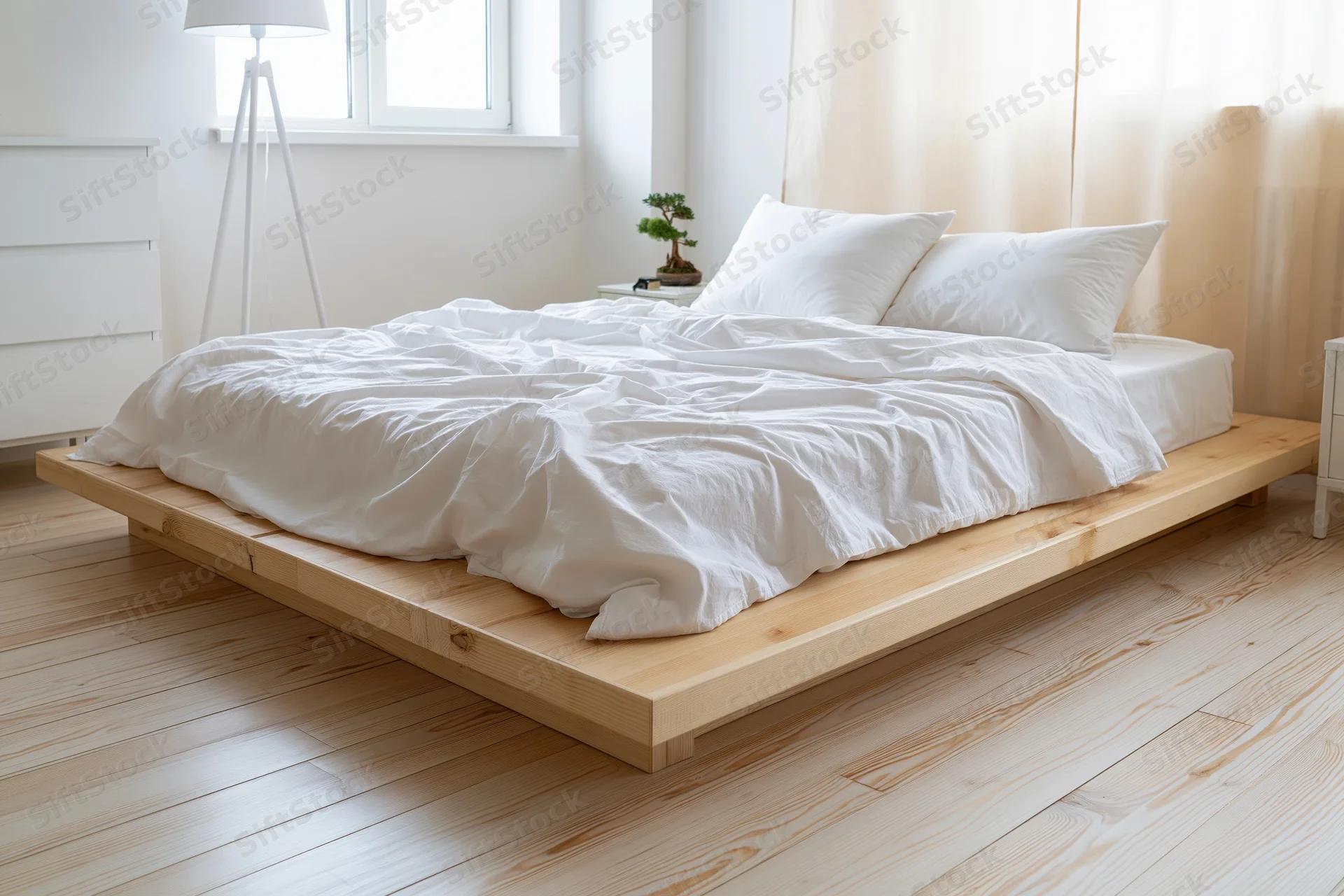 Low natural wood platform bed with white bedding in minimalist bedroom