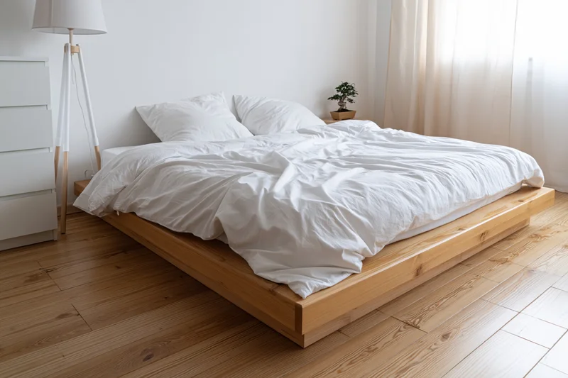 Low wooden platform bed with white bedding in a minimalist bedroom