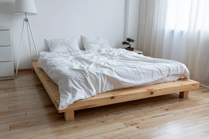 Low natural wood platform bed with white bedding in a minimalist bedroom