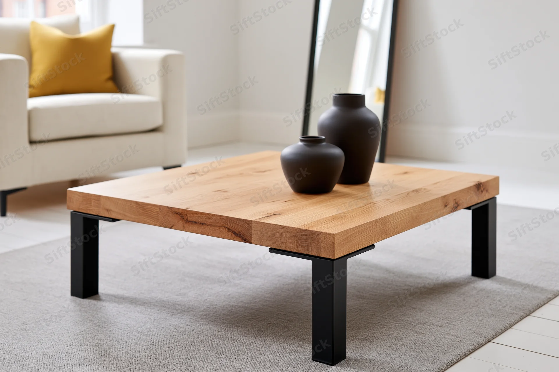 Square oak-top coffee table with black legs and ceramic vases on gray rug in minimalist living room