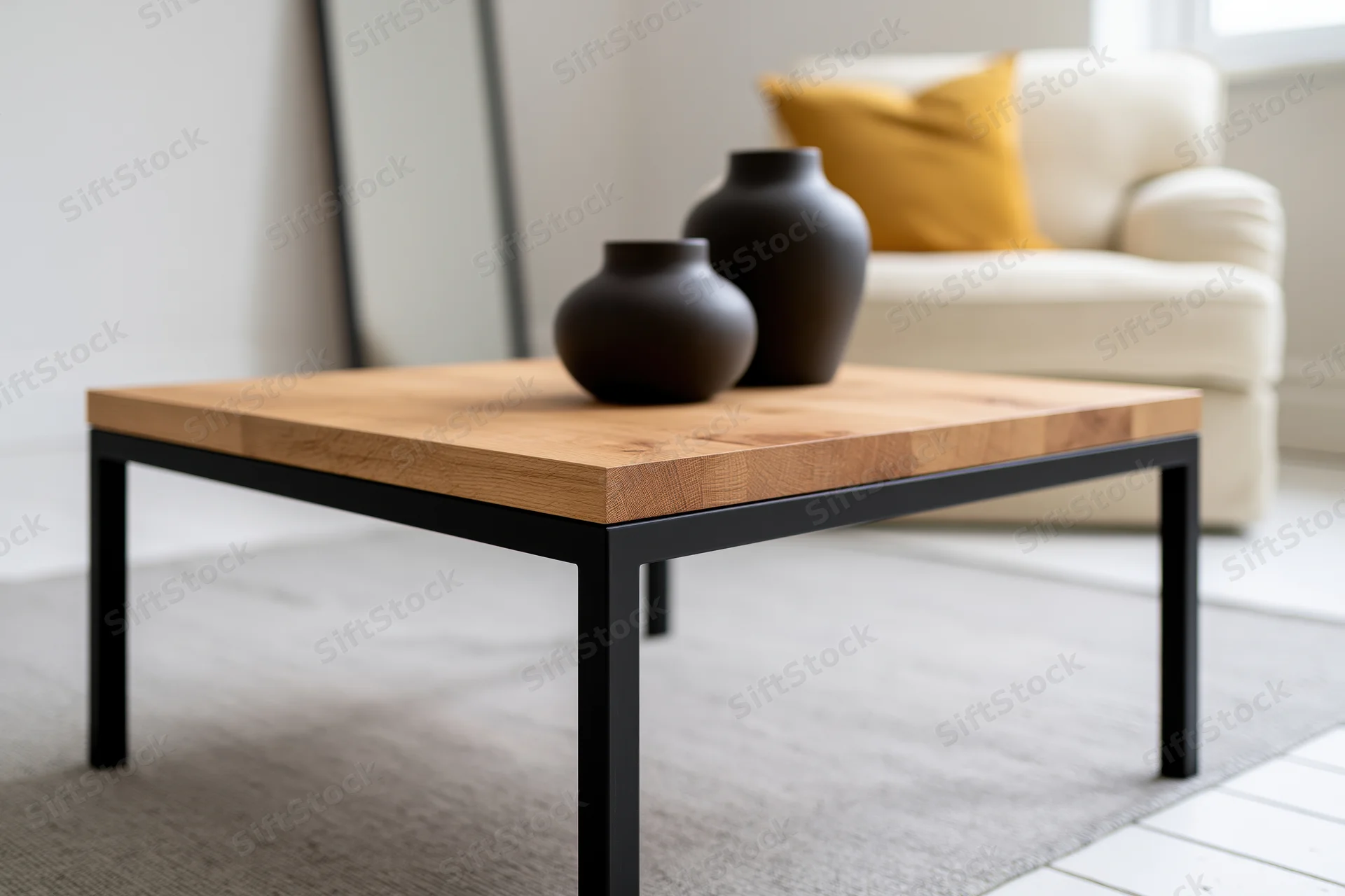 Square oak-top coffee table with black metal legs in minimalist living room interior