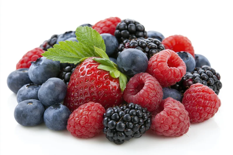 A pile of mixed fresh berries including strawberries, blueberries, raspberries and blackberries on a white background