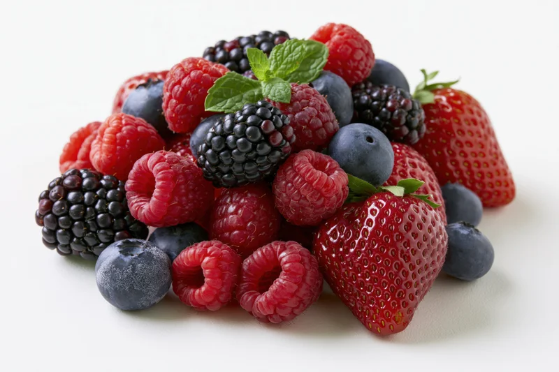 Mixed fresh berries piled together with mint leaves on white background