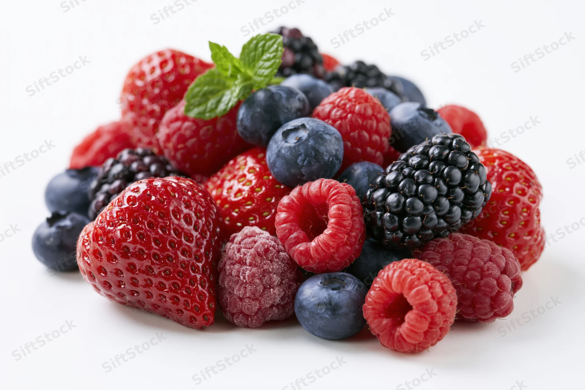 A pile of mixed fresh berries including strawberries, raspberries, blueberries and blackberries with a mint leaf on a white background