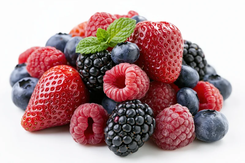 Mixed fresh berries piled together with mint leaves on white background