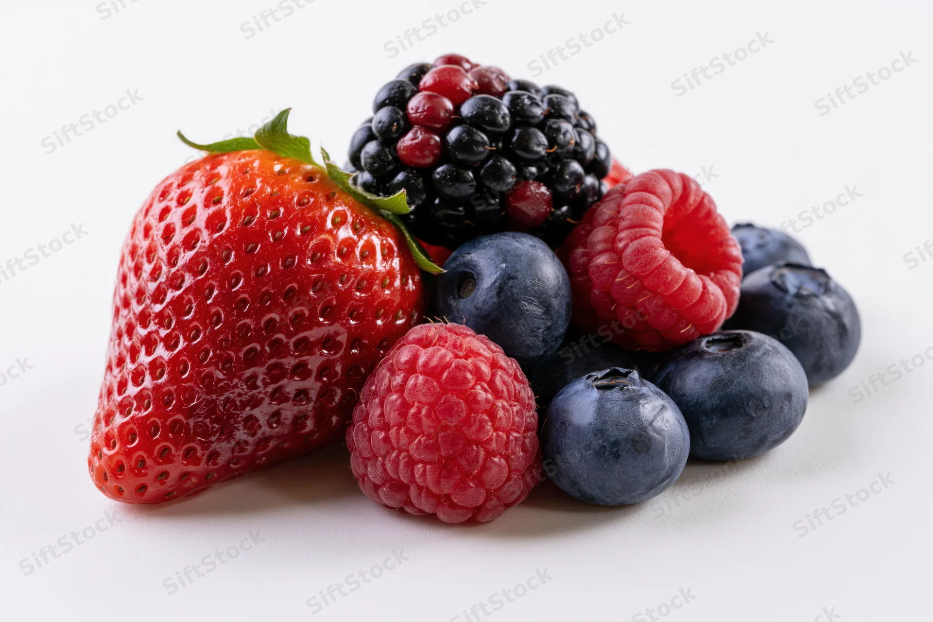 Mixed fresh berries arranged together on white background