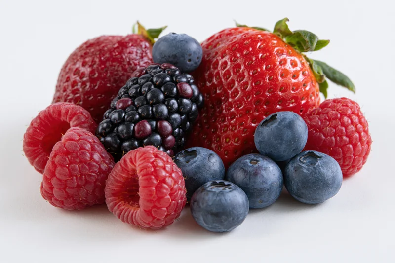 Mixed fresh berries including strawberries raspberries blueberries and blackberries arranged on white background