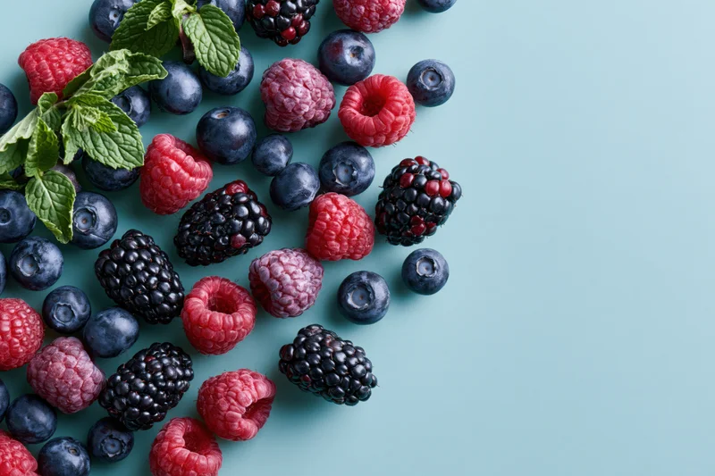 Mixed fresh berries including blueberries raspberries and blackberries arranged on a light blue surface with copyspace