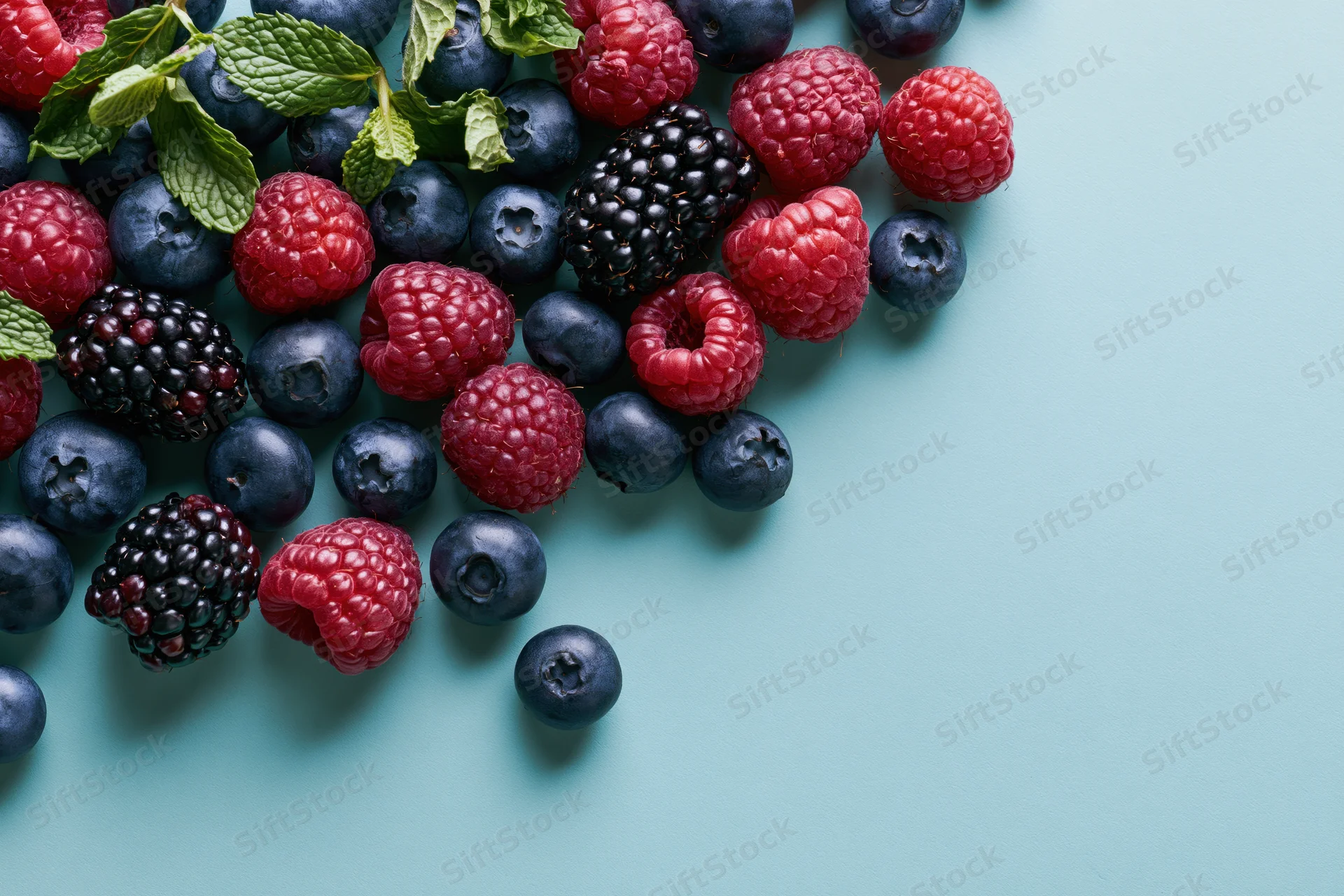 Mixed fresh berries including blueberries raspberries and blackberries arranged on a teal surface with copyspace