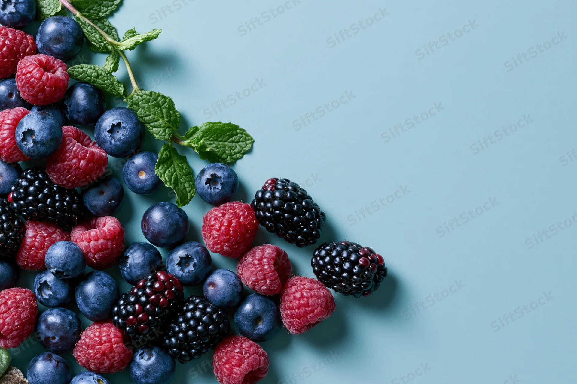 Mixed fresh berries with mint leaves arranged on a blue surface
