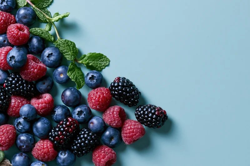 Mixed fresh berries with mint leaves arranged on a blue surface