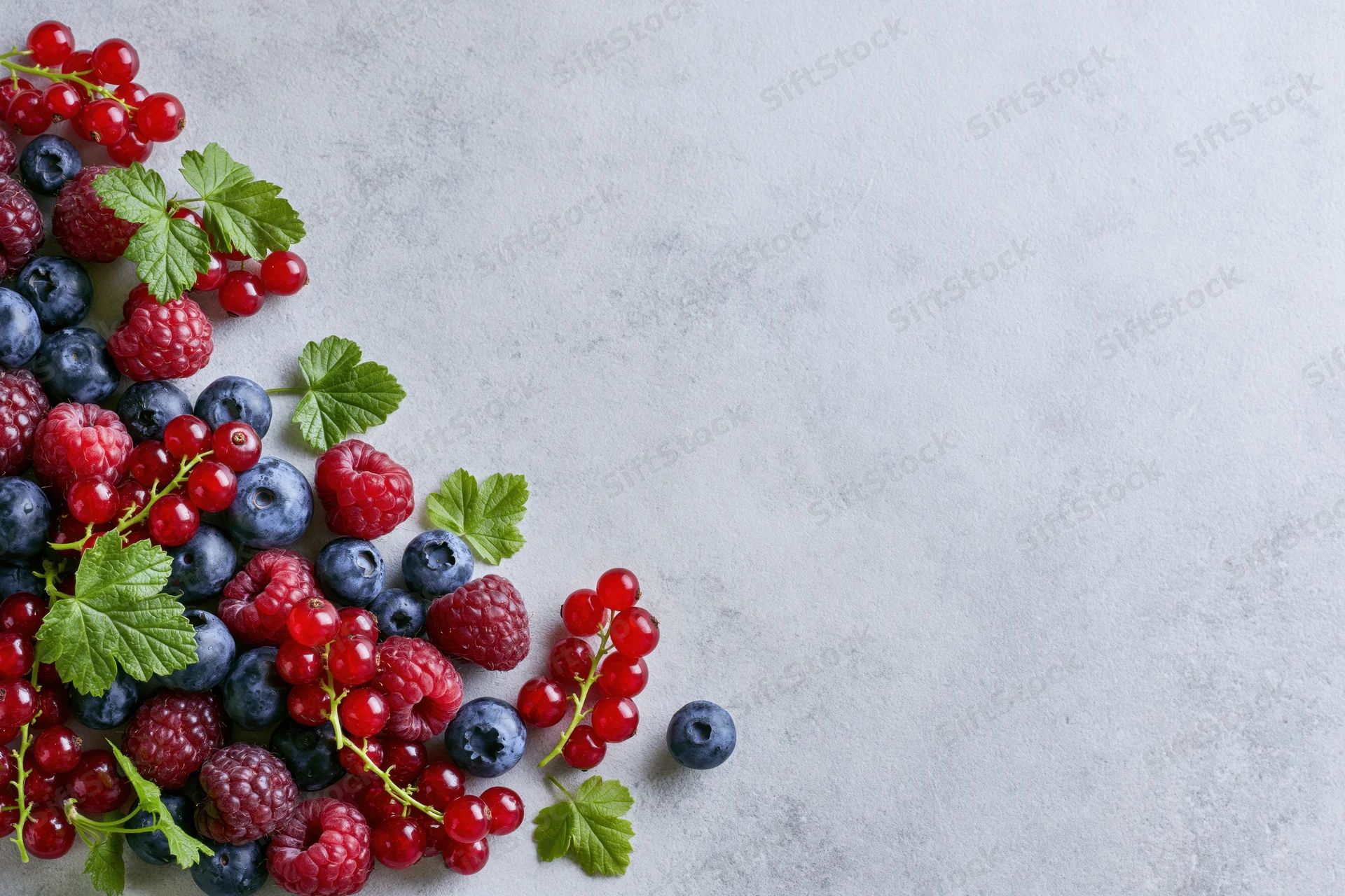 Mixed fresh berries including raspberries blueberries and red currants arranged on a light stone surface with copyspace