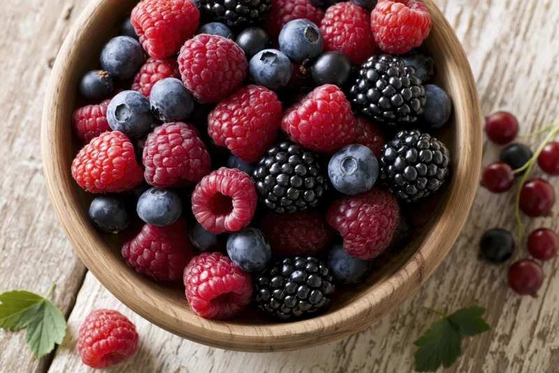 Mixed fresh berries in a wooden bowl on a rustic wooden table