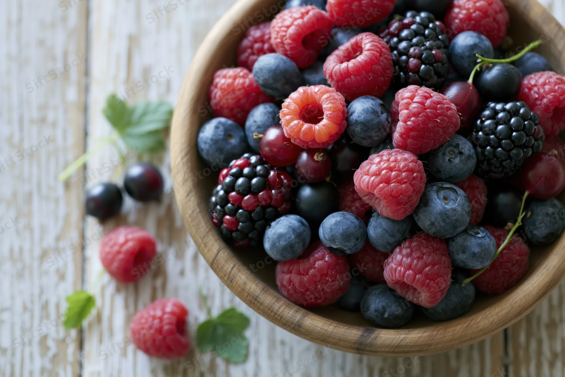 Mixed fresh berries in a wooden bowl on a white wooden surface