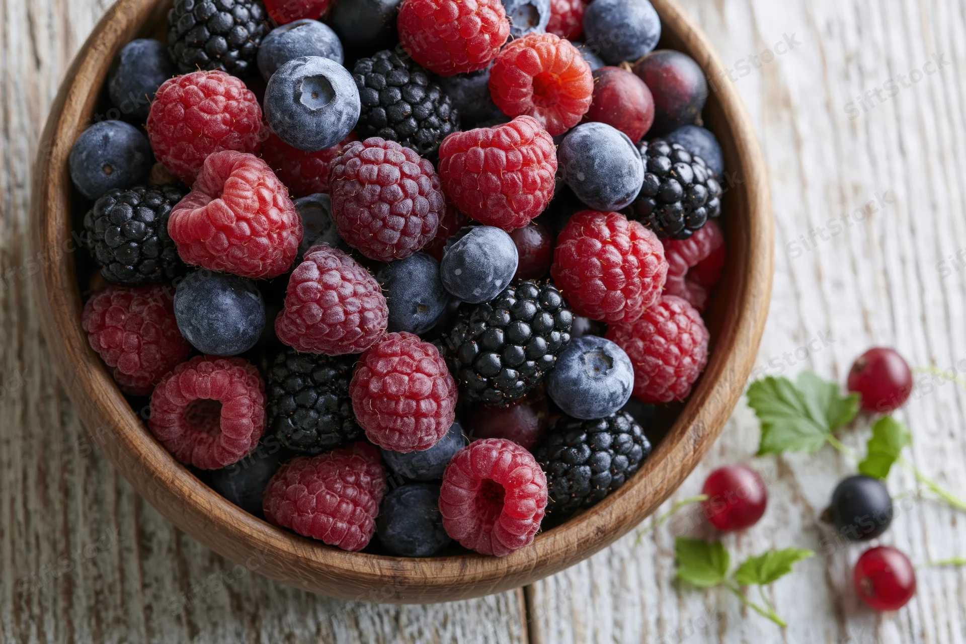 Mixed fresh berries in a wooden bowl on a rustic white wooden surface