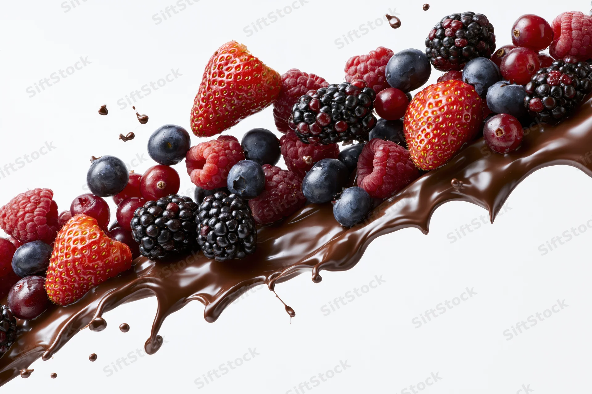 Mixed berries resting on a flowing chocolate wave against a white background
