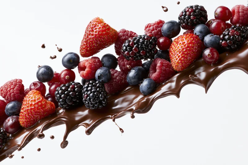 Mixed berries resting on a flowing chocolate wave against a white background