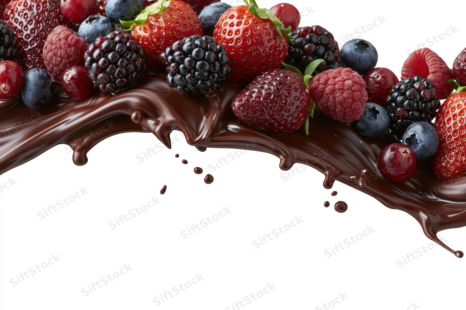 Mixed berries arranged on a flowing chocolate sauce against a white background